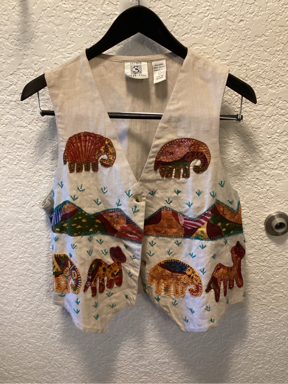 Vintage SD Collection Beige Embroidered Elephant Patchwork Vest